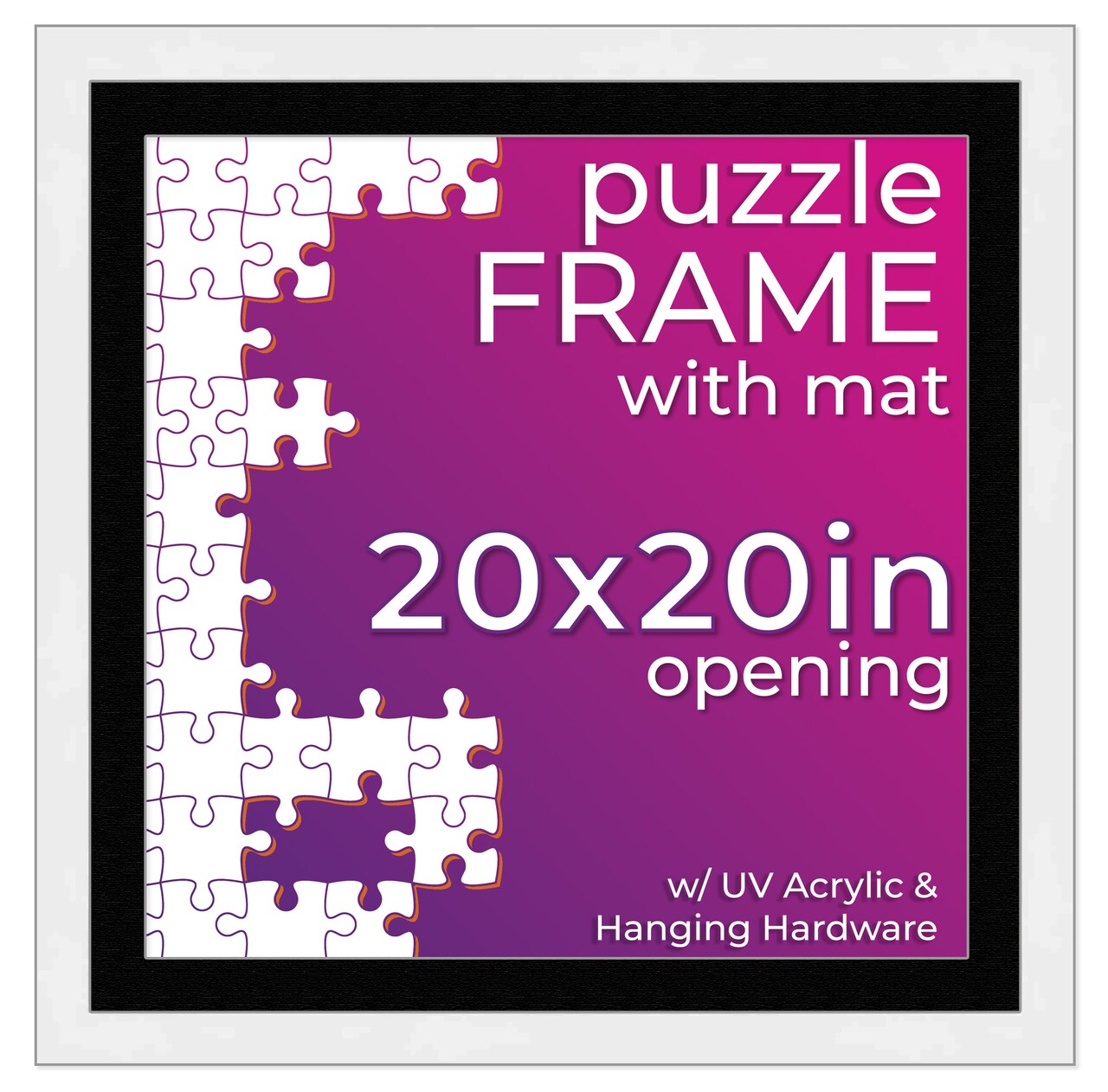 20x20 Jigsaw Puzzle Frame Kit - Kit Includes Puzzle Glue Sheets, White Wood Puzzle Frame with Black Mat, UV Acrylic, Backing,, Hanging Hardware